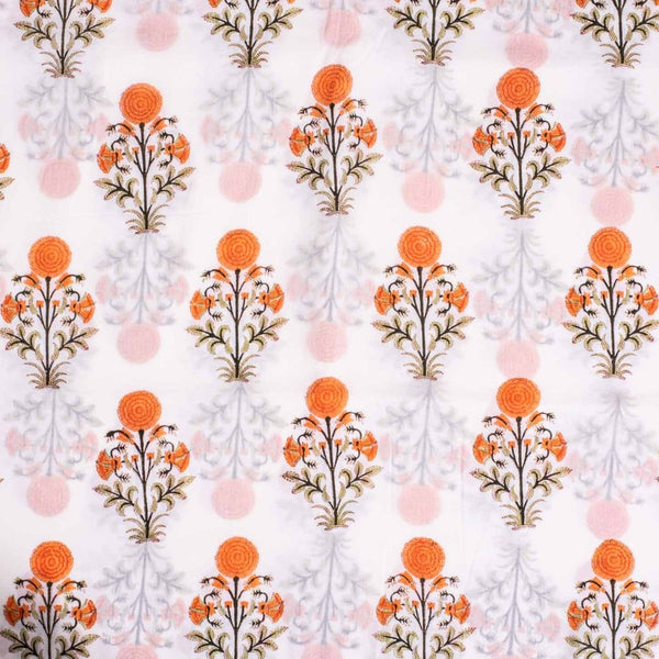 Off White Colour Hand Block Floral Print Cotton Mal Fabric