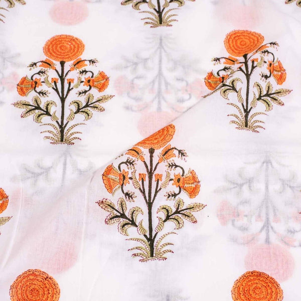 Off White Colour Hand Block Floral Print Cotton Mal Fabric