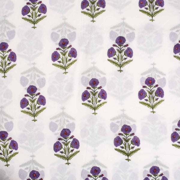 Off White Colour Hand Block Floral Print Cotton Mal Fabric
