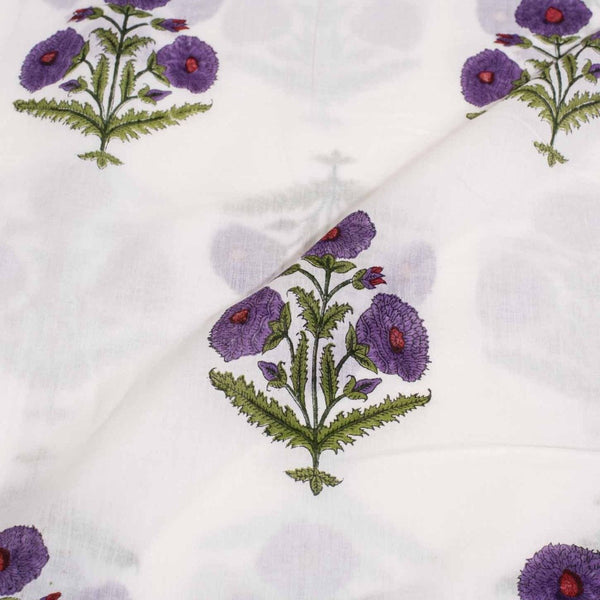 Off White Colour Hand Block Floral Print Cotton Mal Fabric