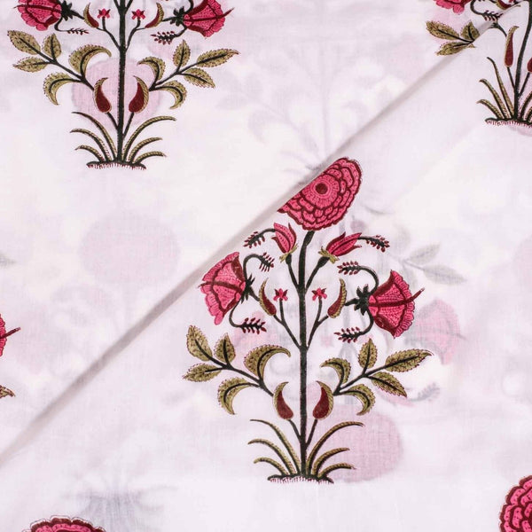 Off White Colour Hand Block Floral Print Cotton Mal Fabric