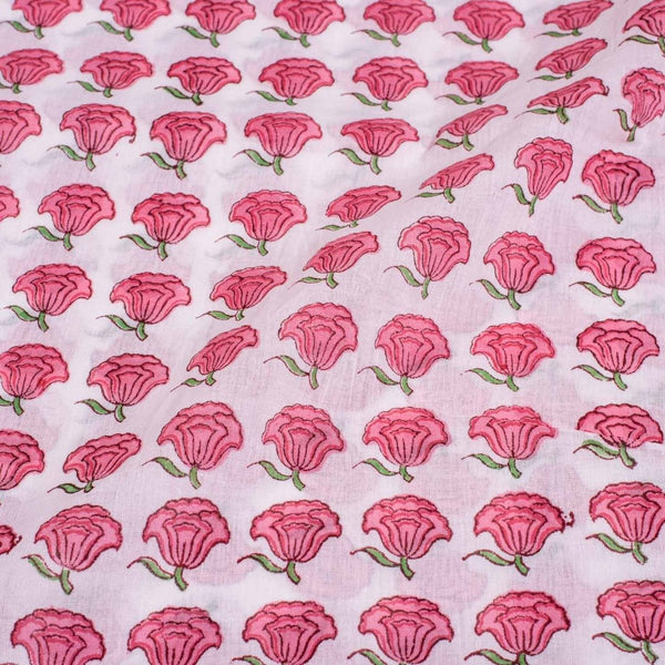 Off White Colour Hand Block Floral Print Cotton Mal Fabric