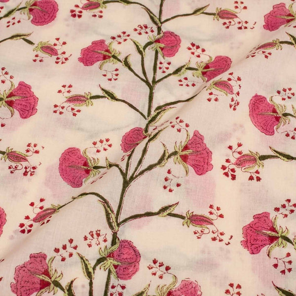 Beige Colour Hand Block Floral Print Cotton Mal Fabric