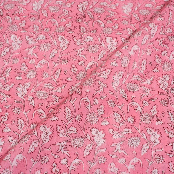 Pink Colour Hand Block Floral Jaal Print Cotton Mal Fabric