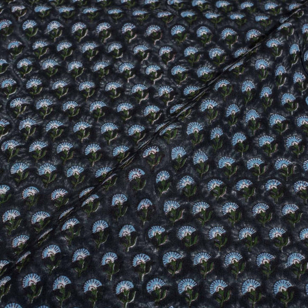 Black Colour Hand Block Floral Print Cotton Mal Fabric