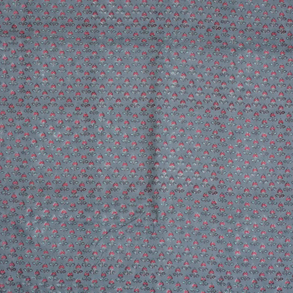 Grey Colour Hand Block Floral Print Cotton Mal Fabric