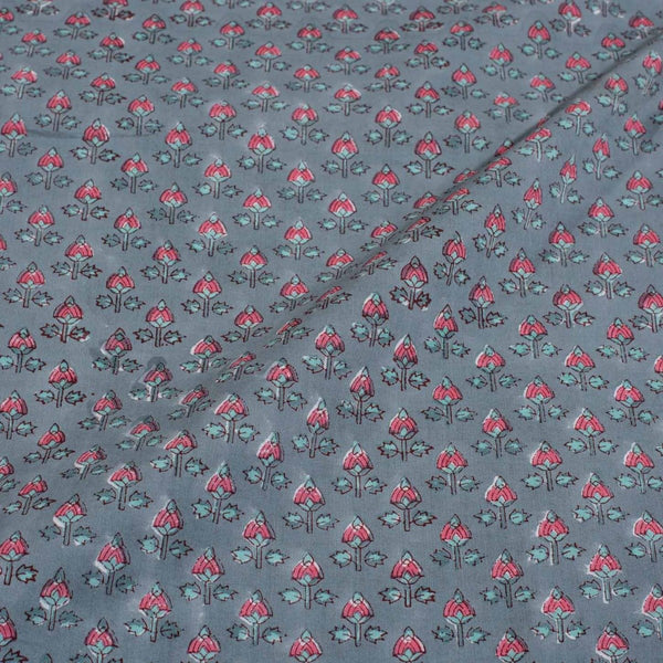Grey Colour Hand Block Floral Print Cotton Mal Fabric