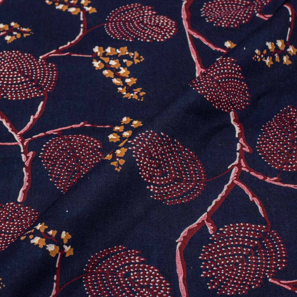 Navy Blue Colour Floral Jaal Print Cotton Fabric