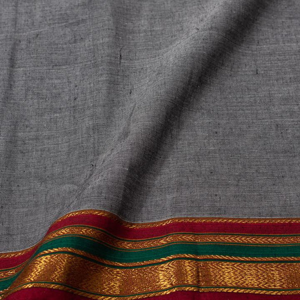 Steel Grey Colour Mercerised Cotton With Two Side Ethnic Gold Border Fabric for Sarees and Kurtis