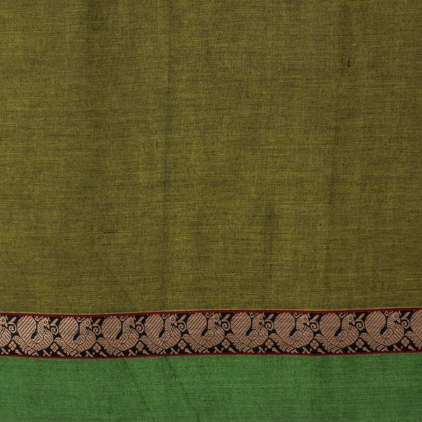 Acid Green Colour Mercerised Cotton With Two Side Ethnic Peacock Print Gold Border Fabric for Sarees and Kurtis