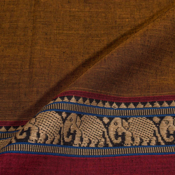 Brown Colour Mercerised Cotton With Two Side Elephant Motif Border Fabric for Sarees and Kurtis