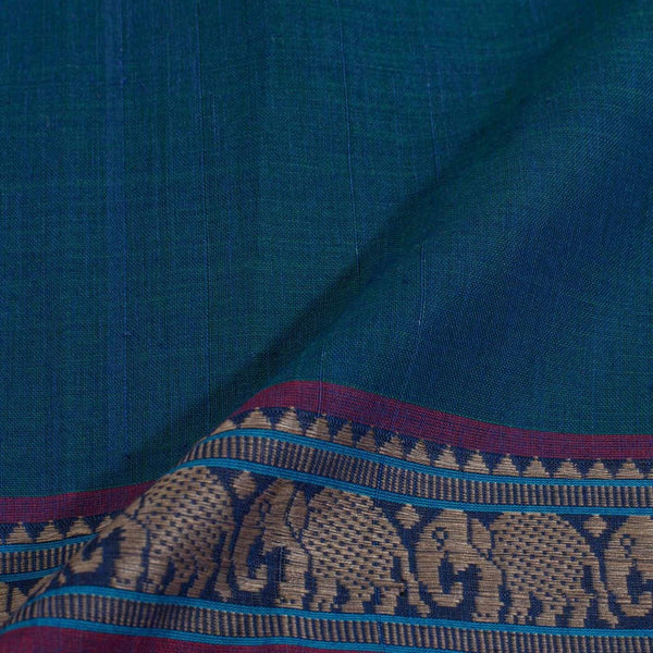 Teal Two Tone Mercerised Cotton With Two Side Elephant Motif Border Fabric for Sarees and Kurtis