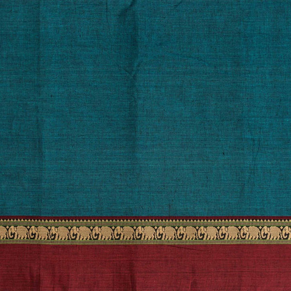 Cyan Two Tone Mercerised Cotton With Two Side Elephant Motif Border Fabric for Sarees and Kurtis