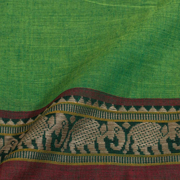 Parrot Green Two Tone Mercerised Cotton With Two Side Elephant Motif Border Fabric for Sarees and Kurtis
