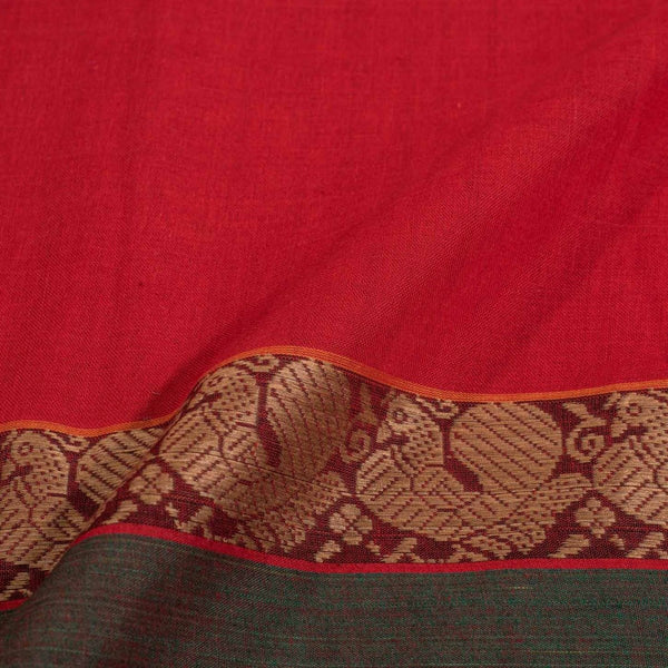 Mars Red Colour Mercerised Cotton With Two Side Peacock Motif Border Fabric for Sarees and Kurtis