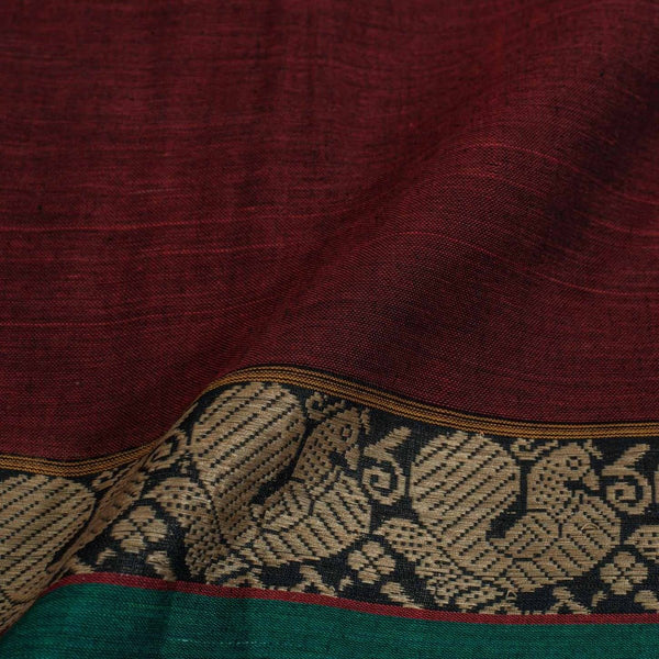 Maroon Colour Mercerised Cotton With Two Side Peacock Motif Border Fabric for Sarees and Kurtis
