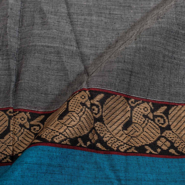 Grey Colour Mercerised Cotton With Two Side Peacock Motif Border Fabric for Sarees and Kurtis