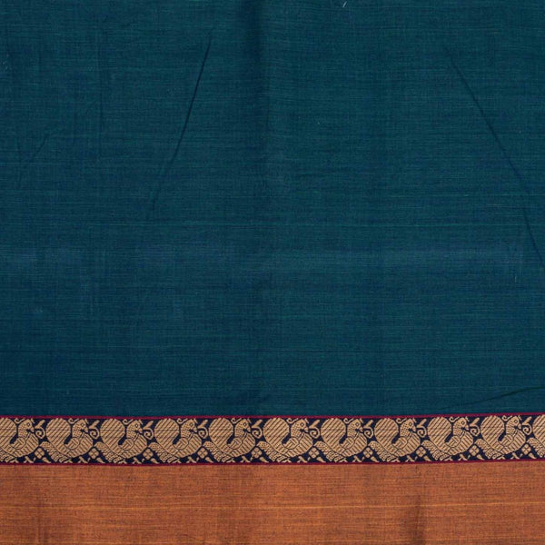 Teal Two Tone Mercerised Cotton With Two Side Peacock Motif Border Fabric for Sarees and Kurtis