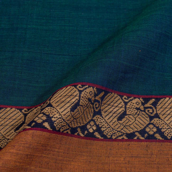Teal Two Tone Mercerised Cotton With Two Side Peacock Motif Border Fabric for Sarees and Kurtis