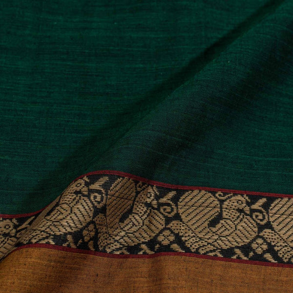 Bottle Green Colour Mercerised Cotton With Two Side Peacock Motif Border Fabric for Sarees and Kurtis