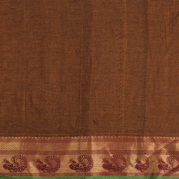 Rust Brown Colour Mercerised Cotton With Two Side Peacock Motif Border Fabric for Sarees and Kurtis