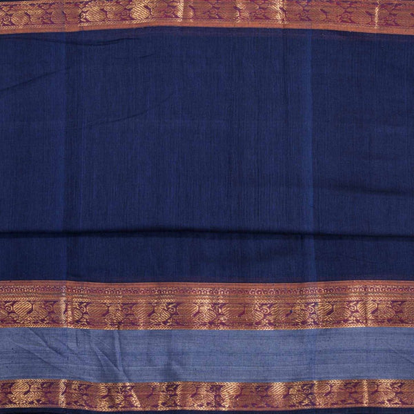 Navy Blue Colour Mercerised Cotton With Two Side Peacock Motif Border Fabric for Sarees and Kurtis