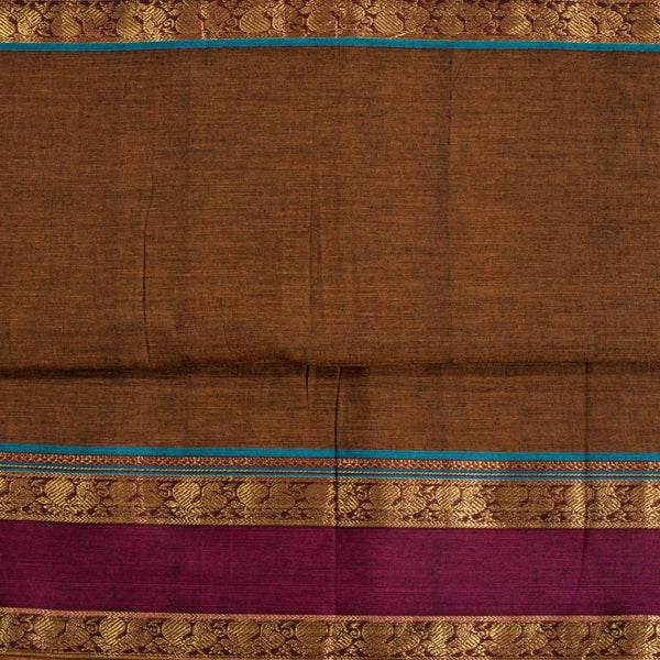 Rust Brown Colour Mercerised Cotton With Two Side Peacock Motif Border Fabric for Sarees and Kurtis