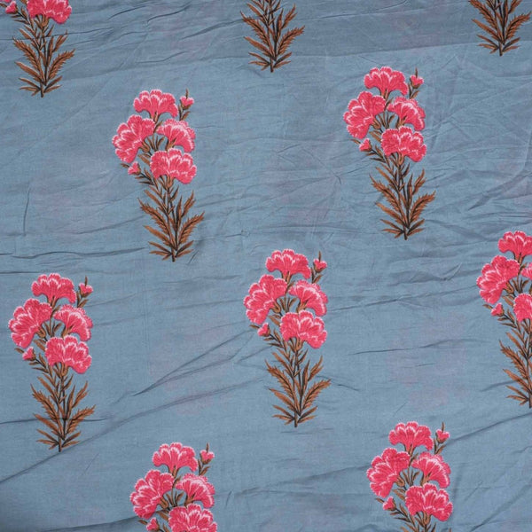 Steel Blue Colour Floral Print Muslin Feel Viscose Fabric