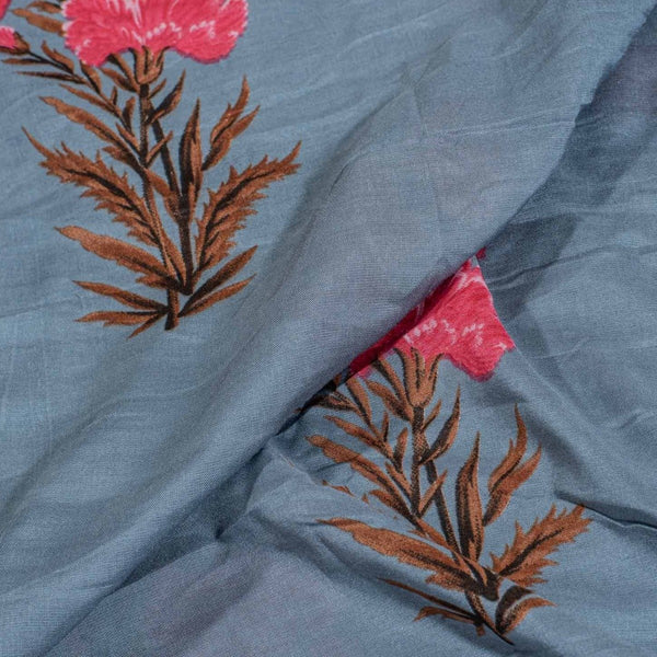 Steel Blue Colour Floral Print Muslin Feel Viscose Fabric