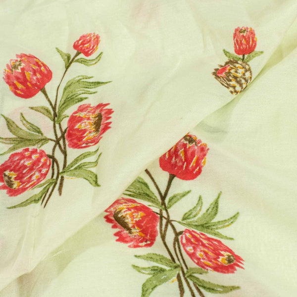 Pastel Green Colour Floral Print Muslin Feel Viscose Fabric
