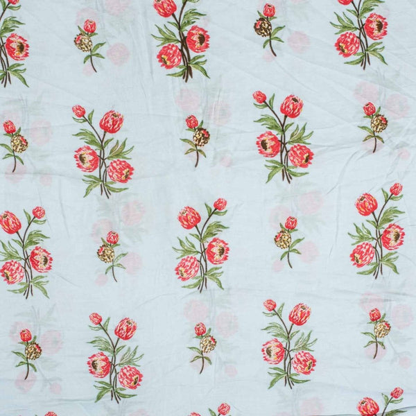 Pastel Blue Colour Floral Print Muslin Feel Viscose Fabric