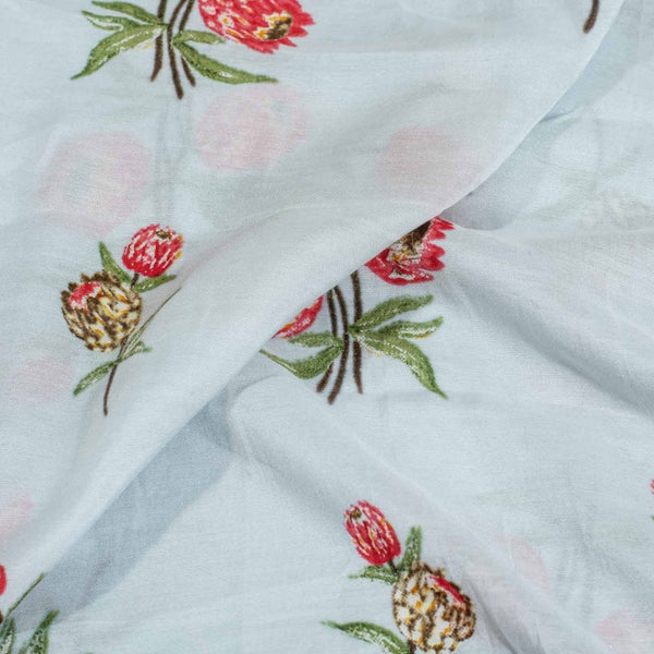 Pastel Blue Colour Floral Print Muslin Feel Viscose Fabric