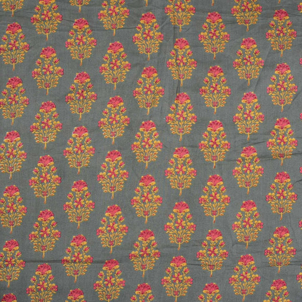 Grey Colour Floral Print Muslin Feel Viscose Fabric