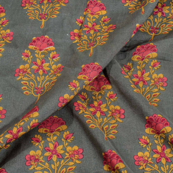 Grey Colour Floral Print Muslin Feel Viscose Fabric