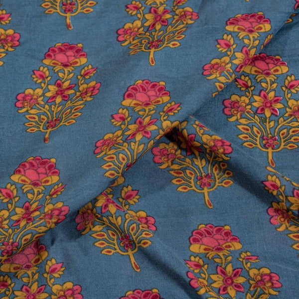 Dark Blue Colour Floral Print Muslin Feel Viscose Fabric