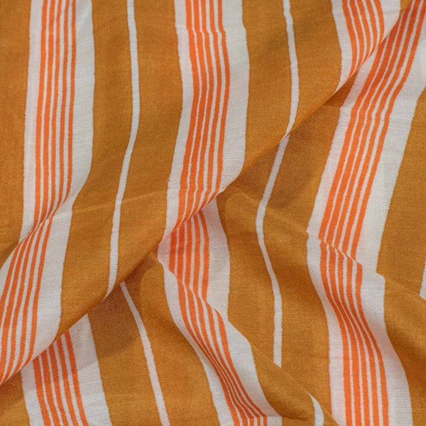 Mustard Orange Colour Stripes Print Muslin Feel Viscose Fabric
