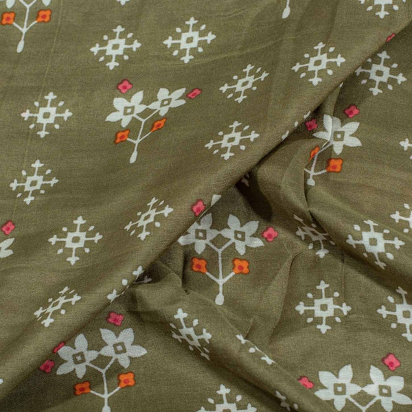 Olive Colour Floral Print Muslin Feel Viscose Fabric