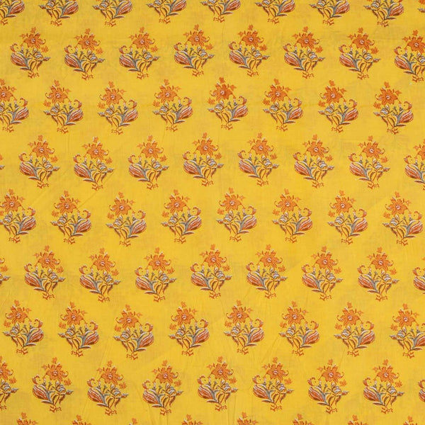 Yellow Colour Floral Screen Print Cotton Fabric 