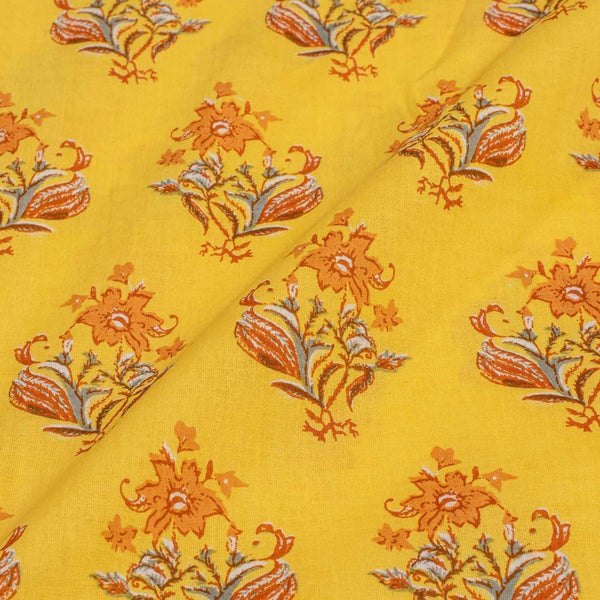 Yellow Colour Floral Screen Print Cotton Fabric 