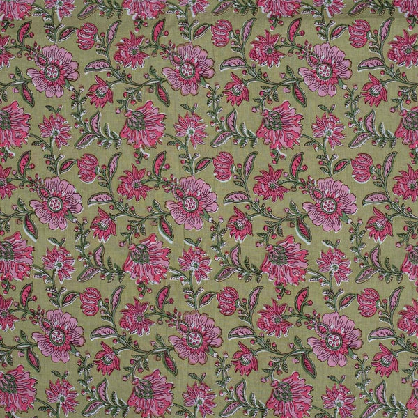 Laurel Green Colour Floral Screen Print Cotton Fabric 