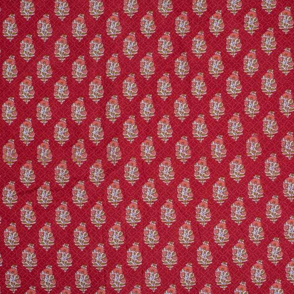 Red Colour Floral Screen Print Cotton Fabric 