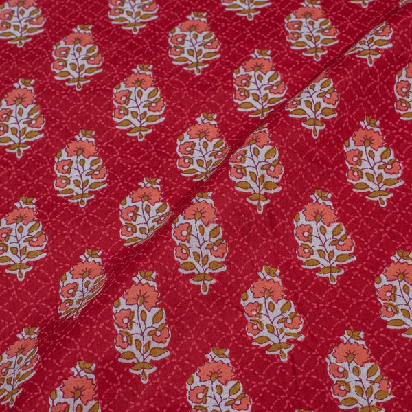 Red Colour Floral Screen Print Cotton Fabric 