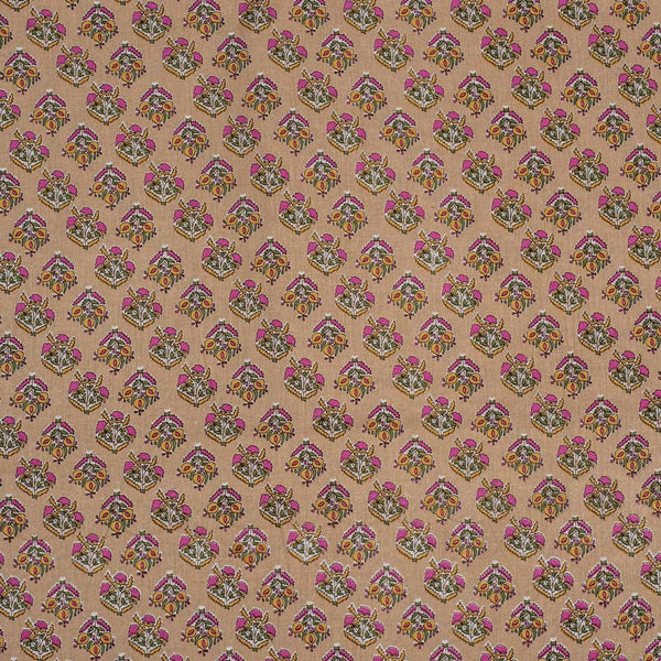 Beige Colour Floral Screen Print Cotton Fabric 