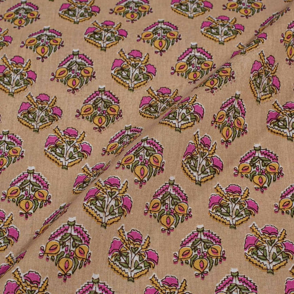 Beige Colour Floral Screen Print Cotton Fabric 