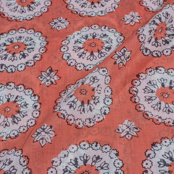 Peach Colour Floral Screen Print Cotton Fabric 