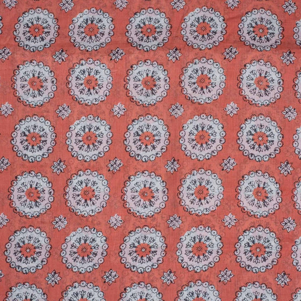 Peach Colour Floral Screen Print Cotton Fabric 