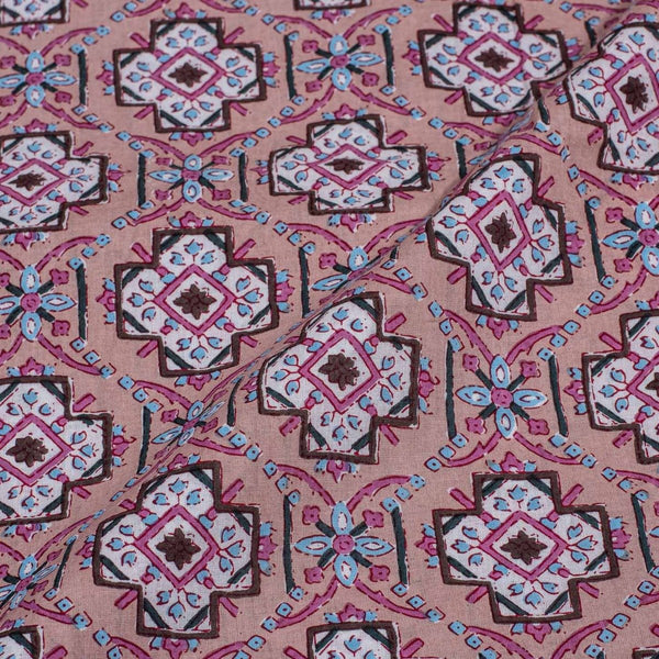 Dusty Rose Colour Floral Screen Print Cotton Fabric 