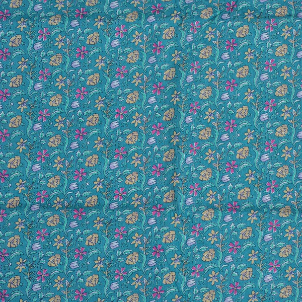 Sea Blue Colour Floral Jaal Screen Print Cotton Fabric 
