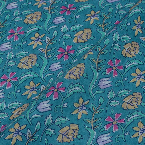 Sea Blue Colour Floral Jaal Screen Print Cotton Fabric 