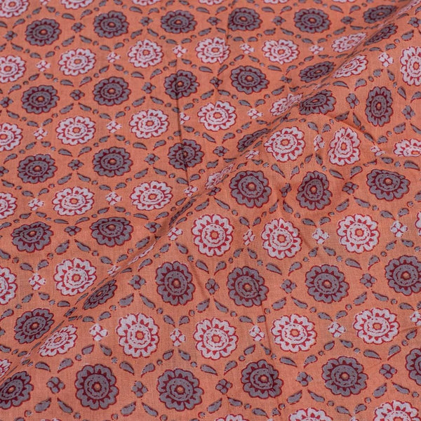 Peach Colour Floral Screen Print Cotton Fabric 